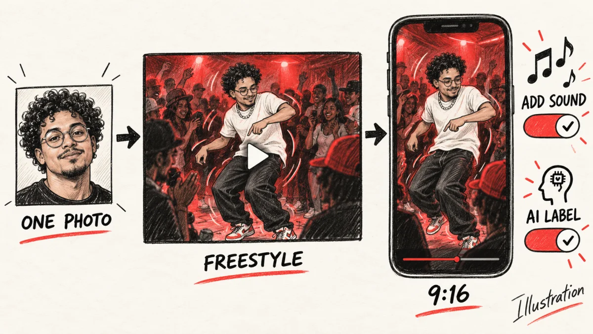 Illustration: one photo becomes a face in the freestyle, then a vertical phone clip with in-app sound and an AI label