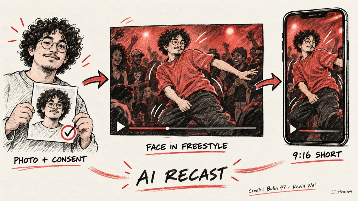 Illustration: an adult-approved portrait becomes the same face in the freestyle and a credited 9:16 short