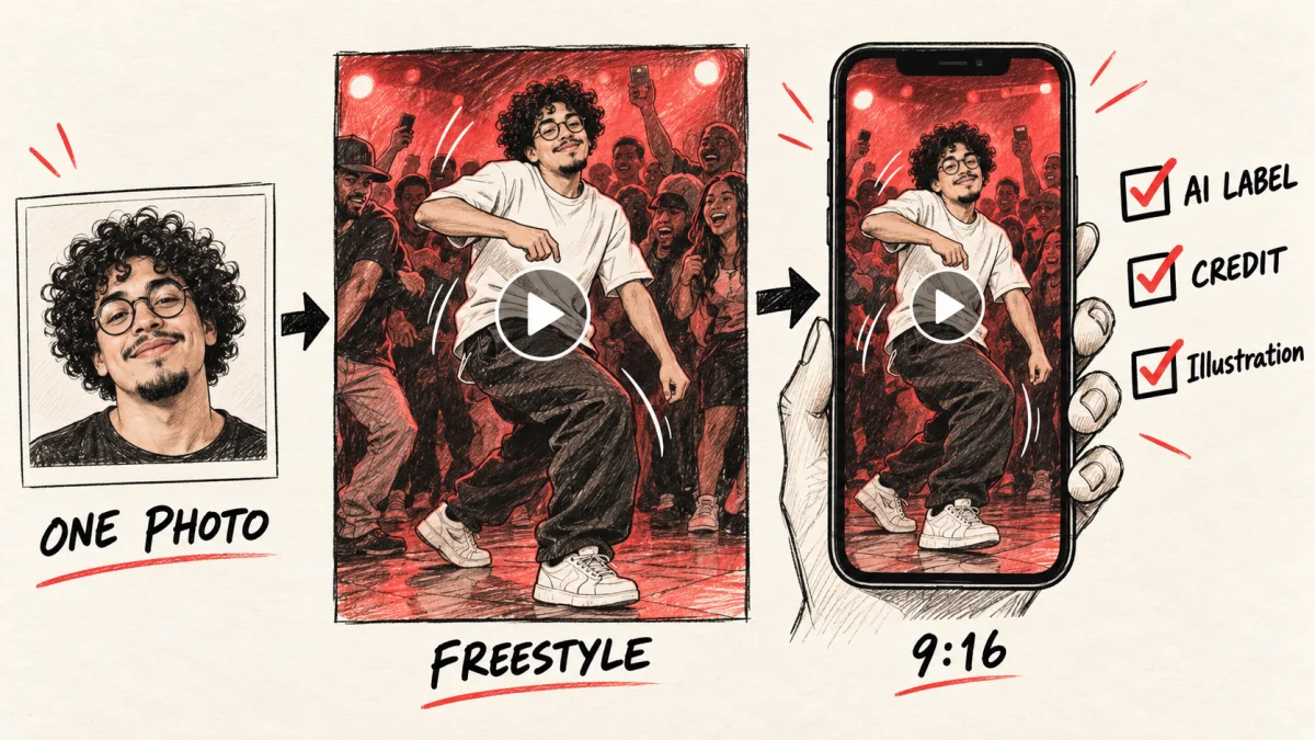 Illustration: one portrait photo becomes the same face in a freestyle clip, then a 9:16 phone short with posting checks