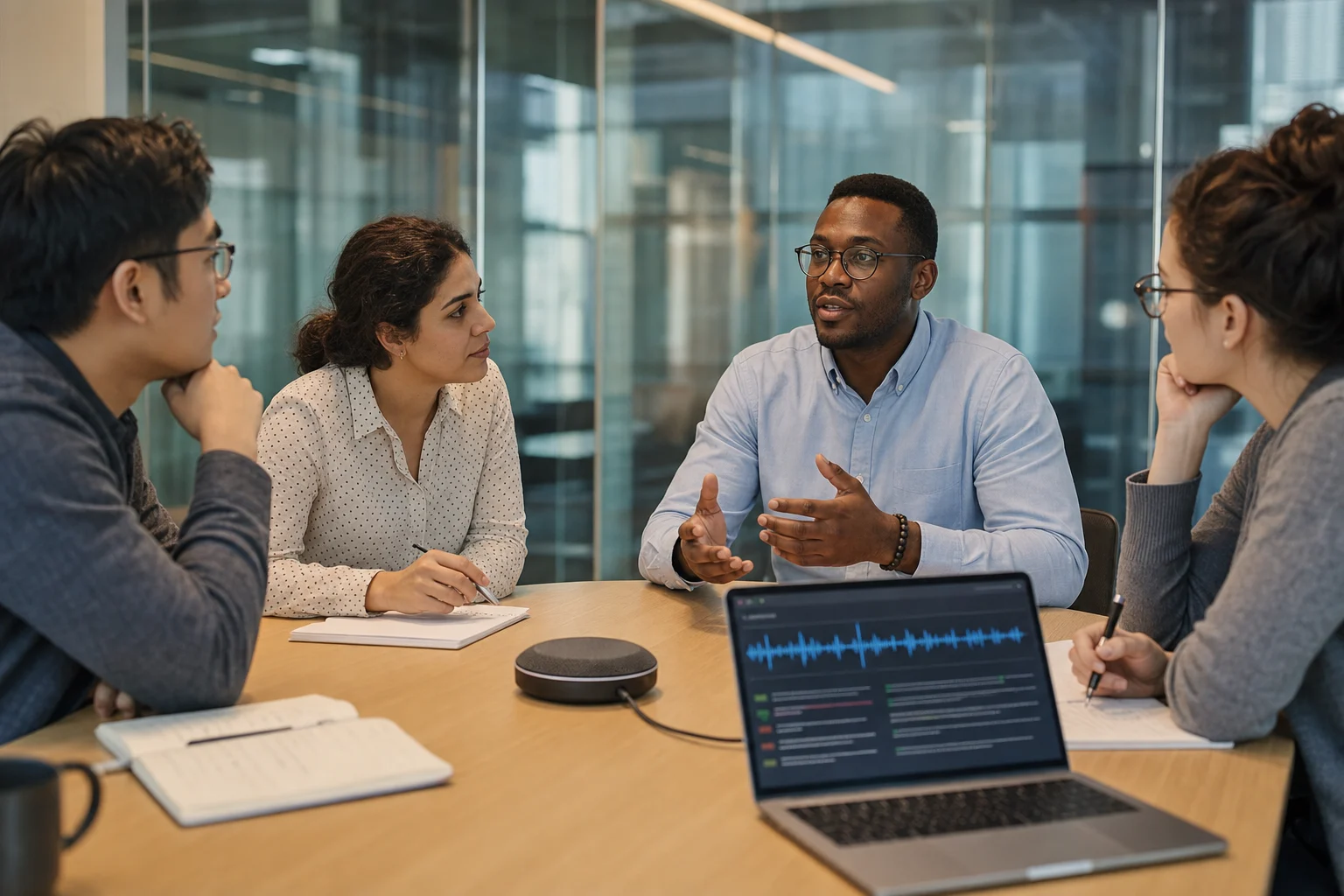 A multilingual team using live speech-to-text during a meeting