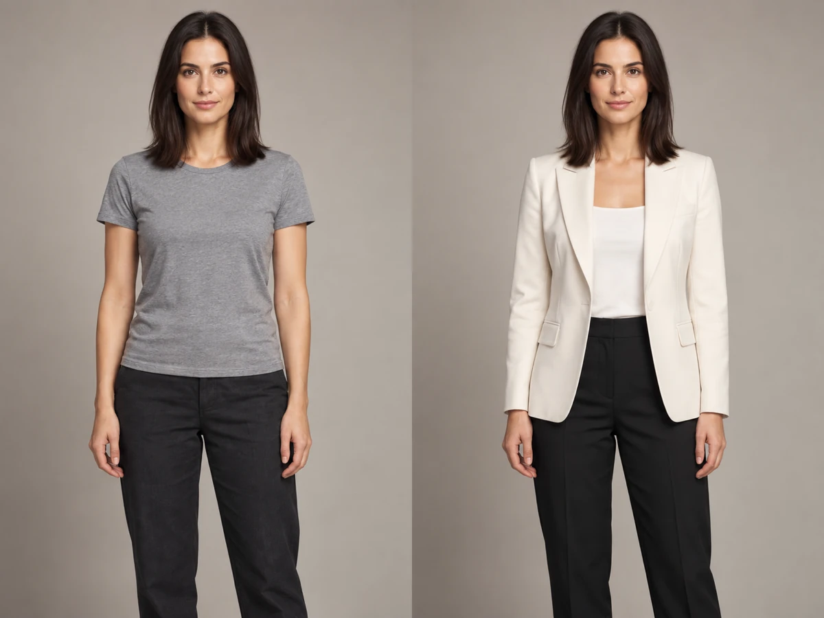Portrait restyled into an editorial outfit on the original background