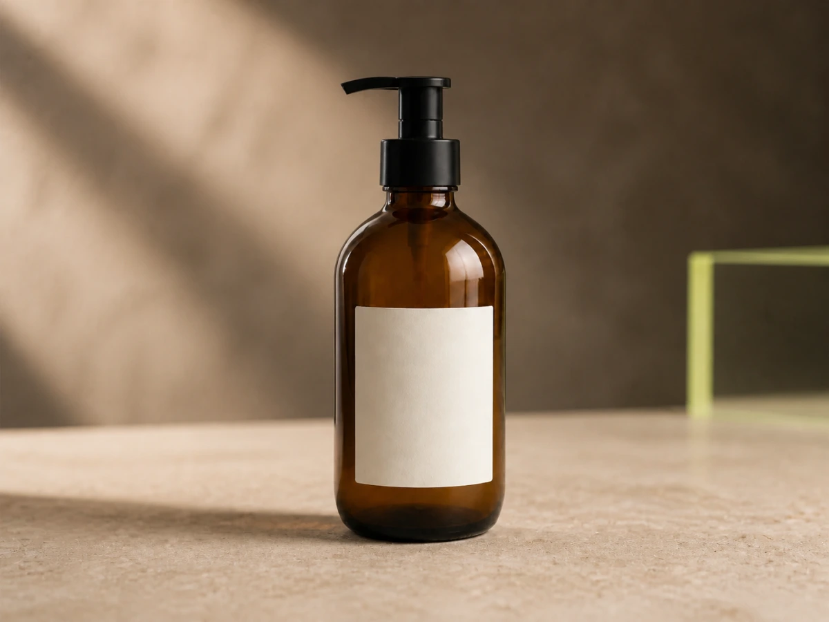 Product bottle in a warm editorial studio after AI editing