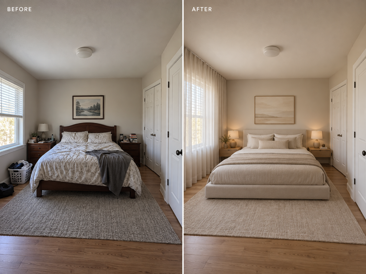 Before and after AI interior design example of a minimalist bedroom with a calm monochrome palette