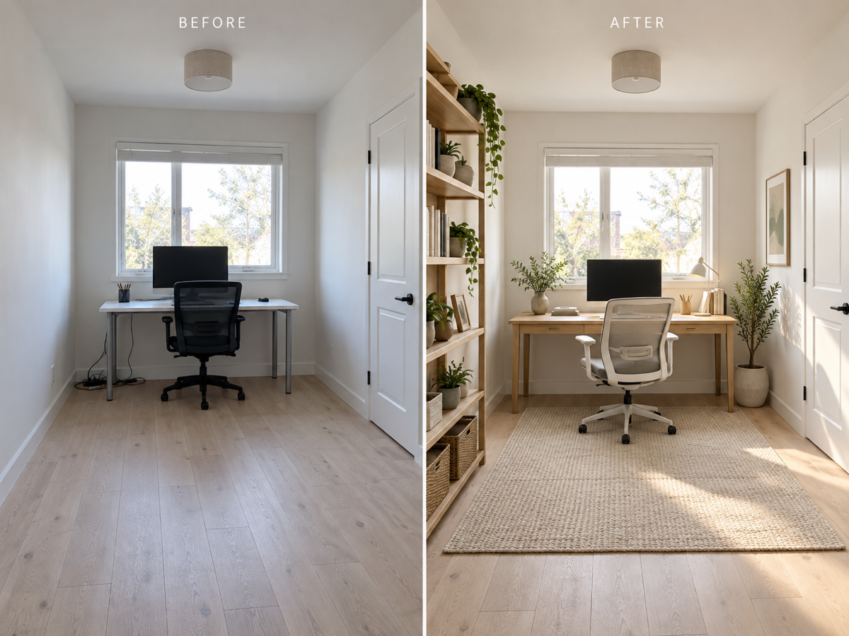 Before and after AI interior design example of a Scandinavian home office with a wooden desk and shelving