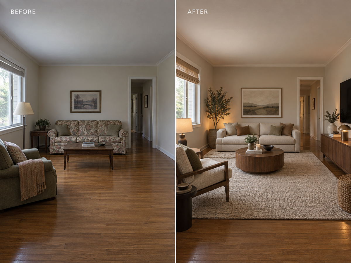 Before and after AI interior design example of a modernized living room with warm neutral furniture