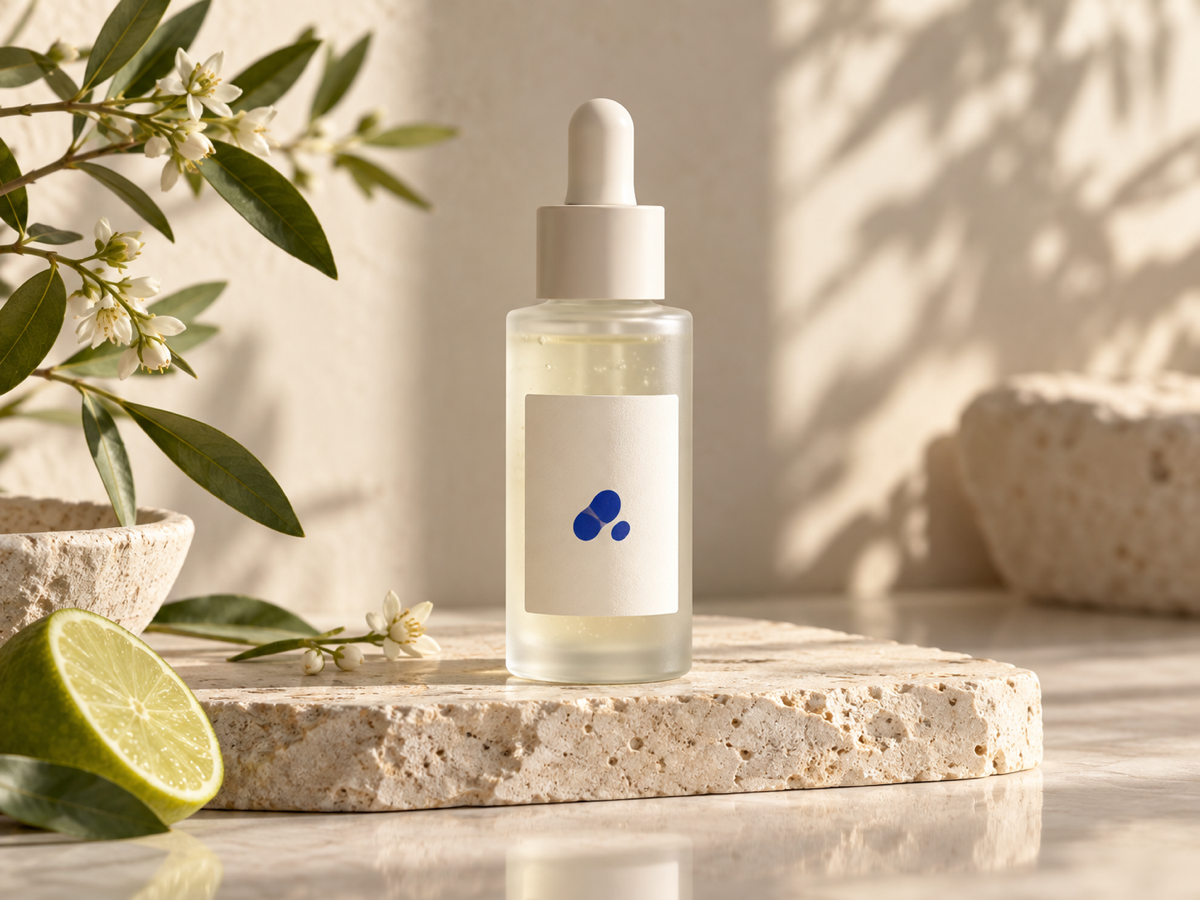 AI product photo example showing a skincare bottle in a soft studio scene