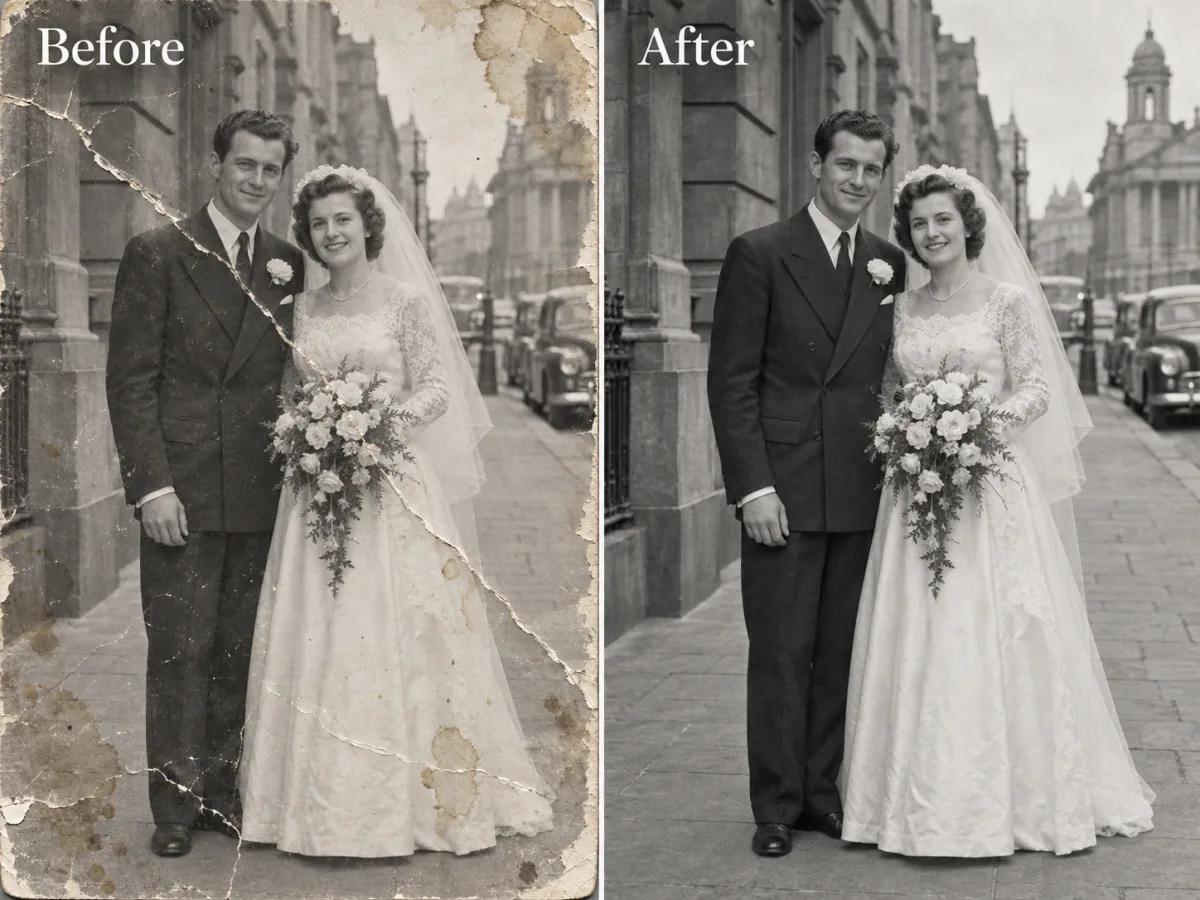Before and after view of a torn photograph repaired with AI restoration