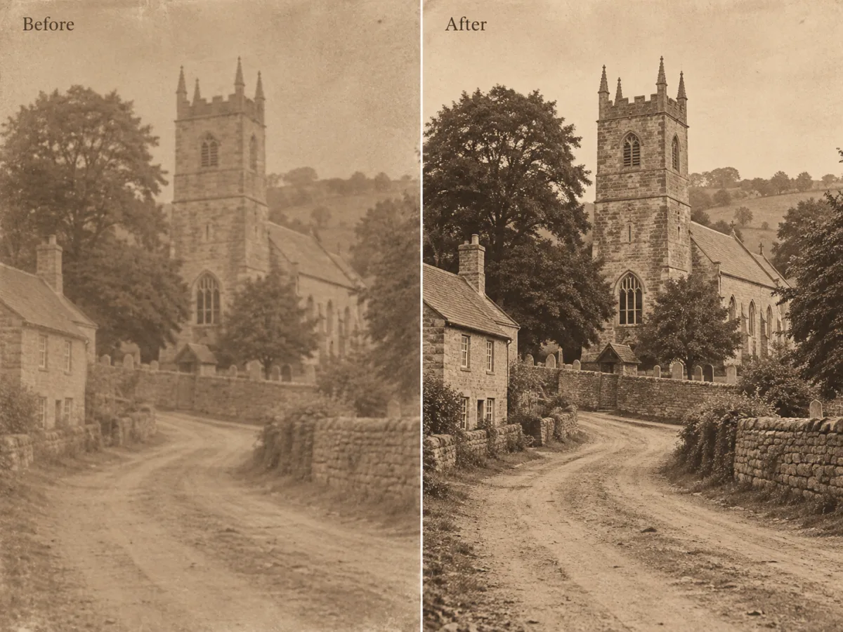 Before and after view of a faded landscape photograph enhanced with AI