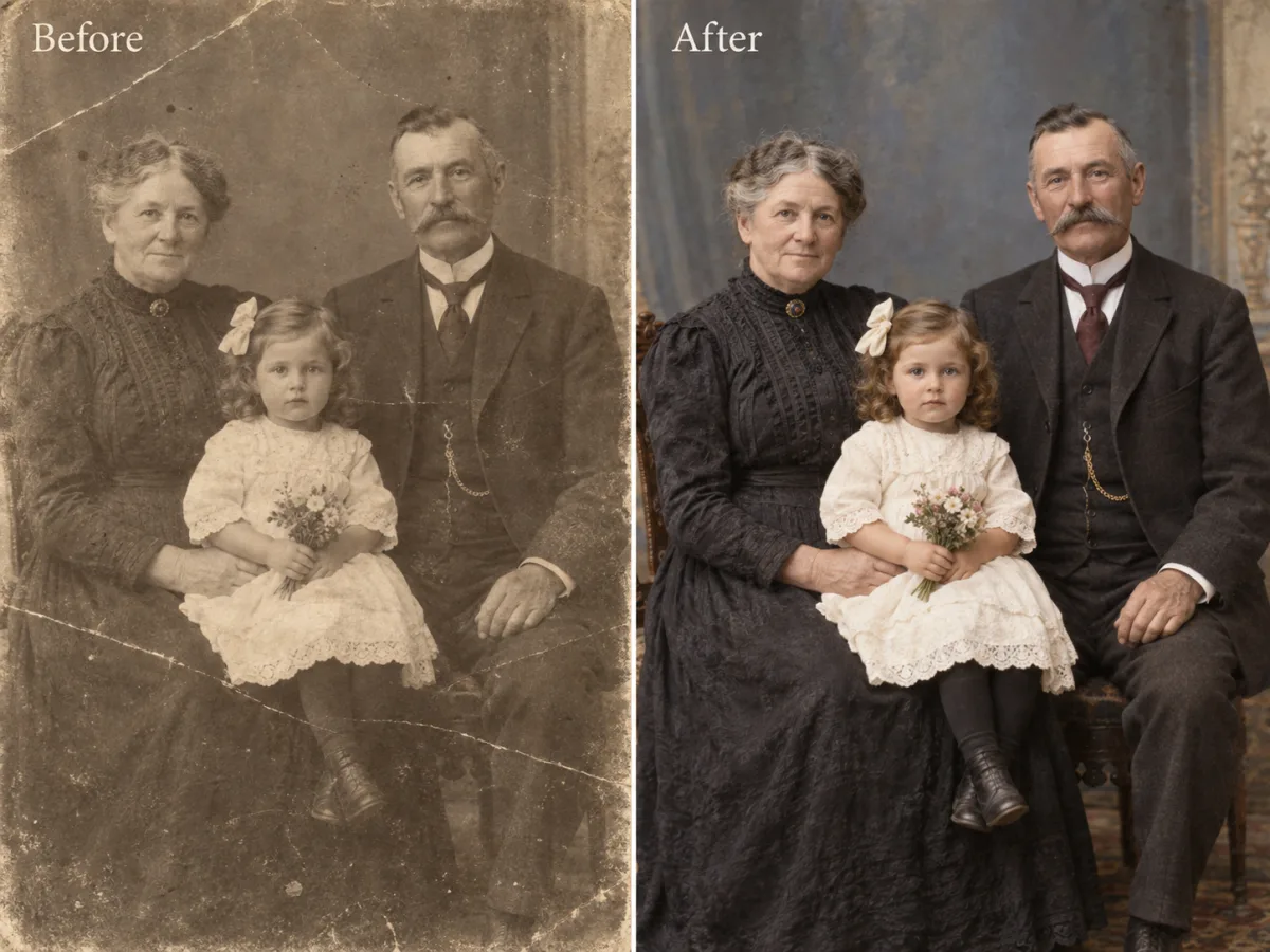 Before and after view of a colorized restored family portrait
