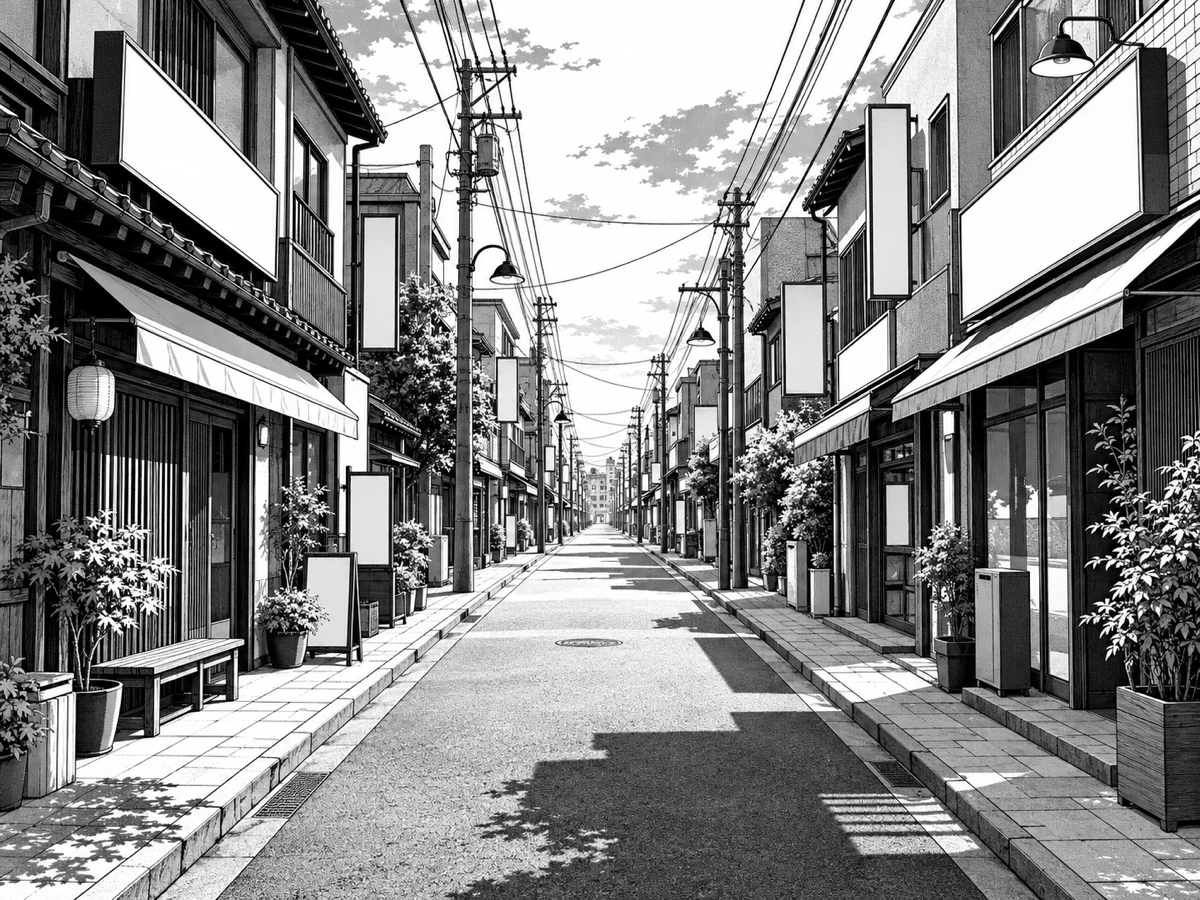 Black-and-white manga street scene converted from a photograph