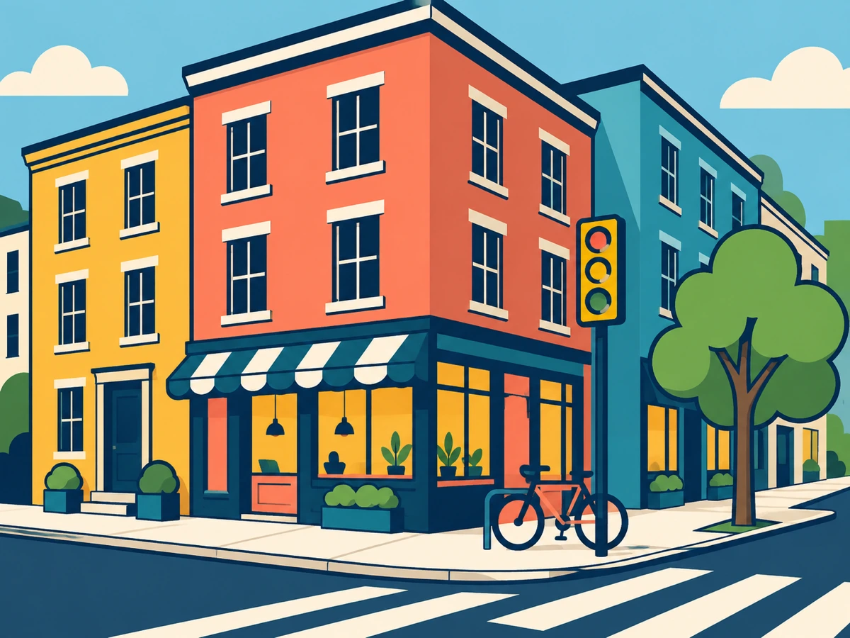 Flat vector cartoon street scene converted from a photograph