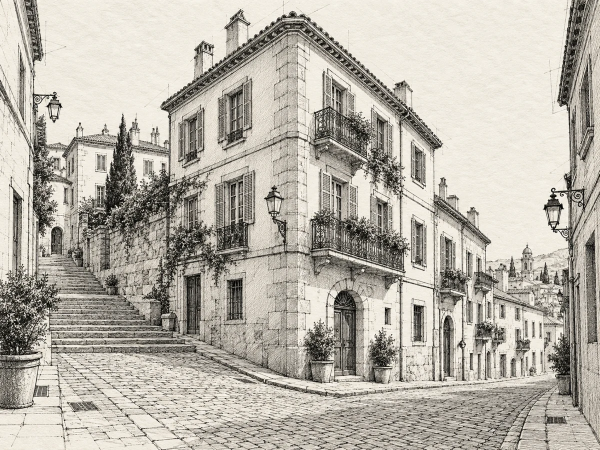 Black ink architectural sketch study