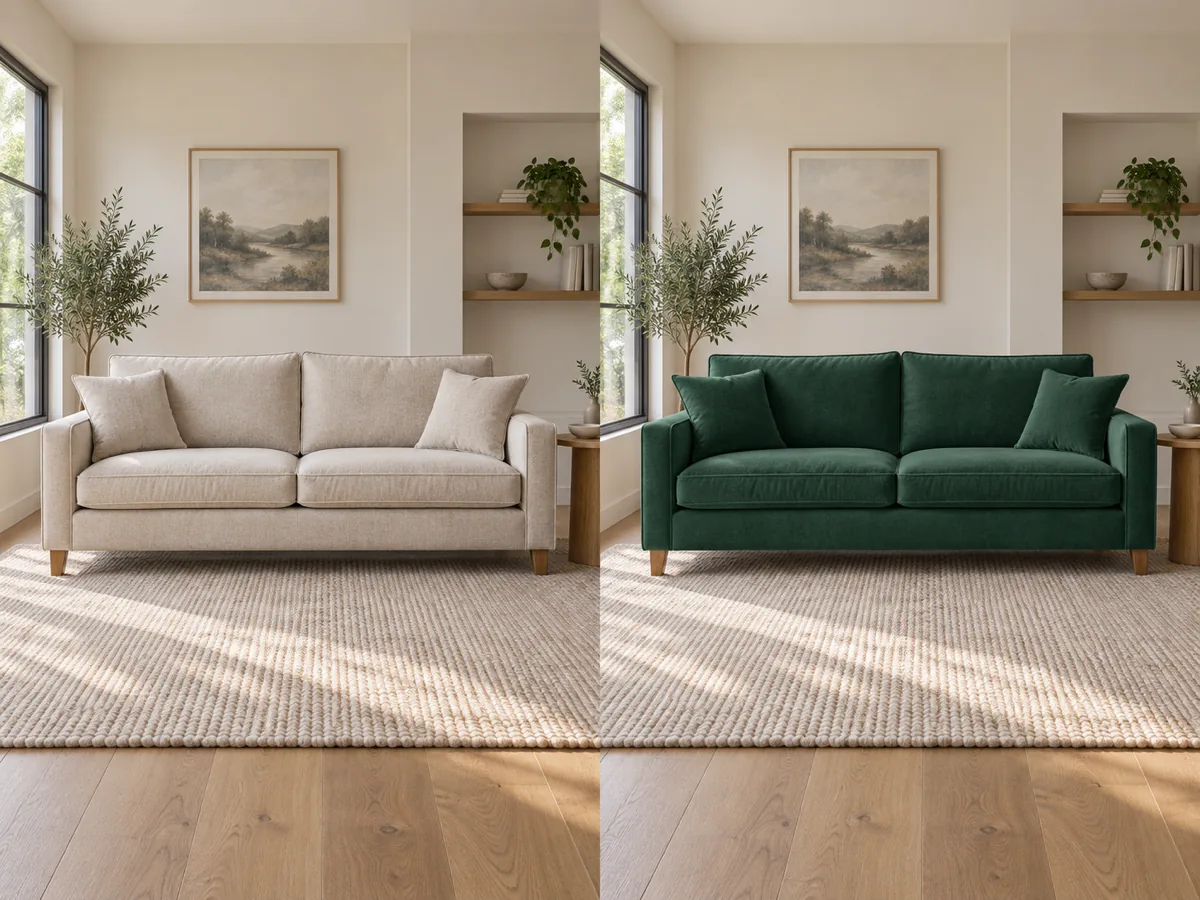 Living room photo with a sofa recolored to a new upholstery shade under the same window light
