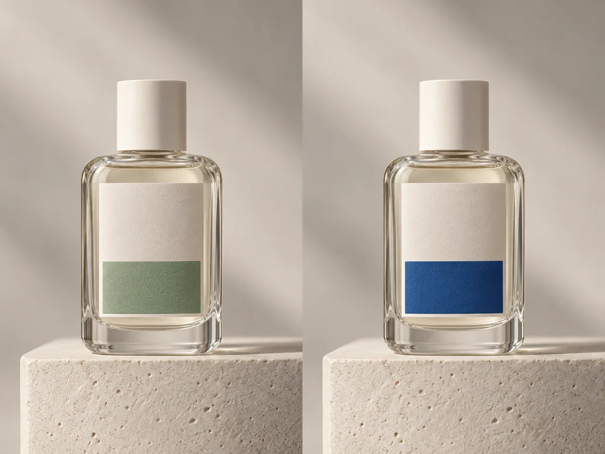 Cosmetic bottle mockup recolored to an exact brand color with glass highlights preserved