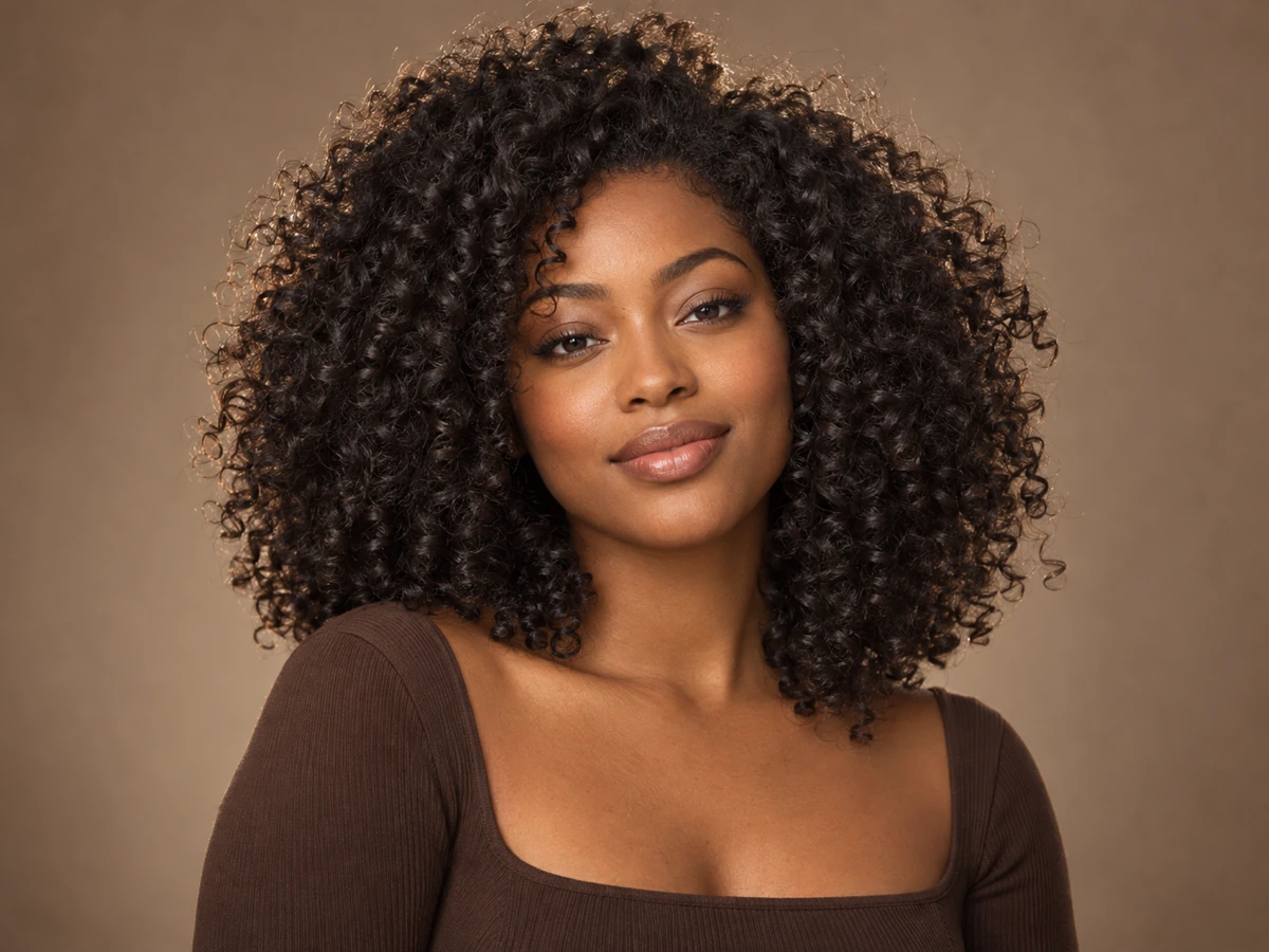 Portrait of a person with defined curly volume hairstyle result