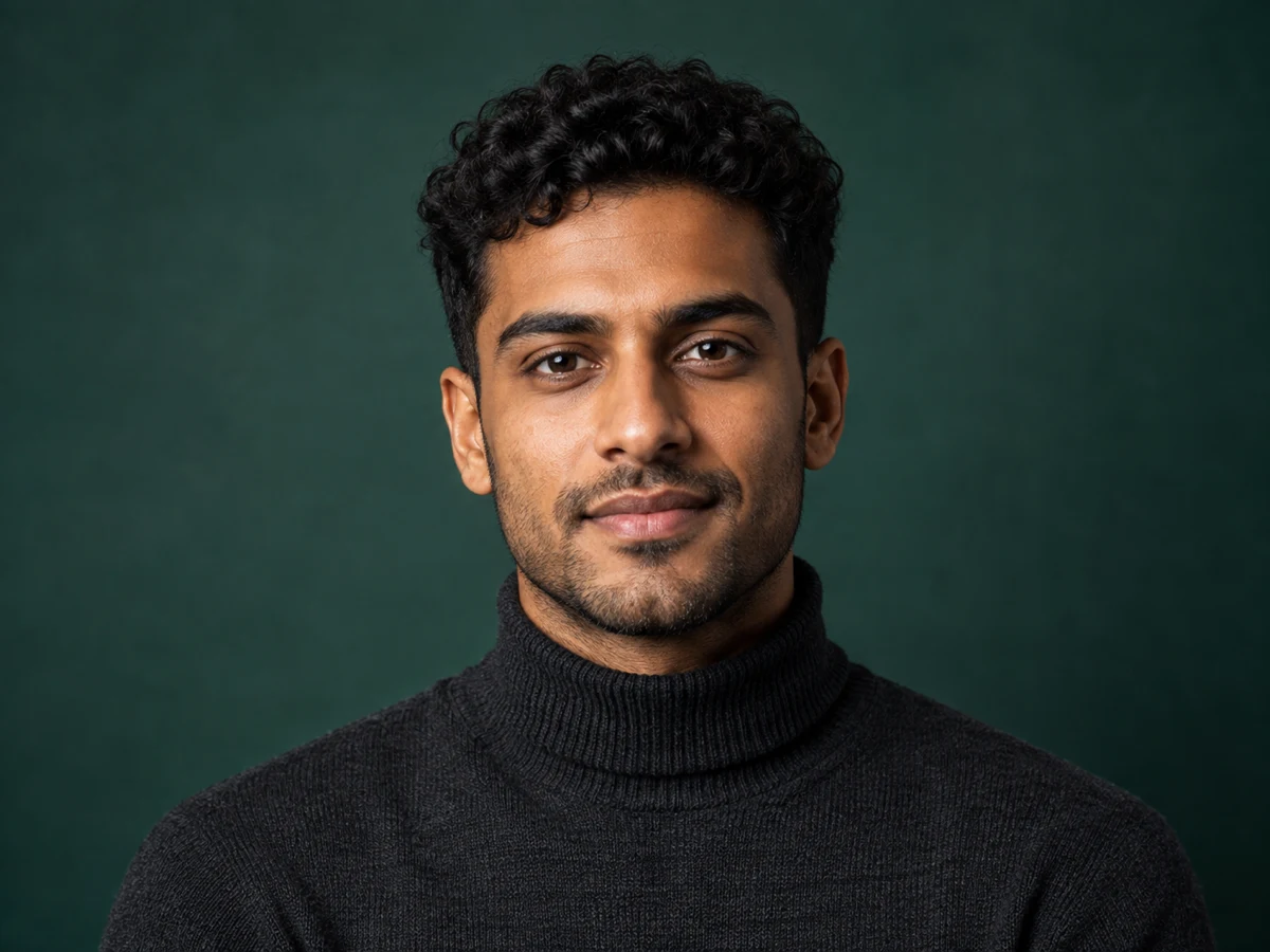 Creative editorial AI headshot of a professional in a charcoal turtleneck on a teal studio backdrop