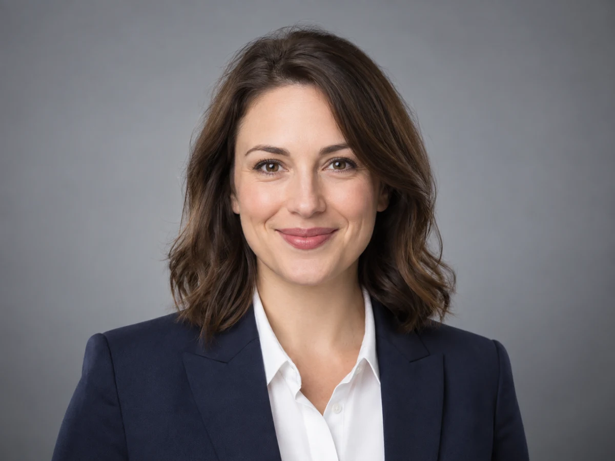 Corporate AI headshot of a professional in a navy blazer on a neutral studio backdrop