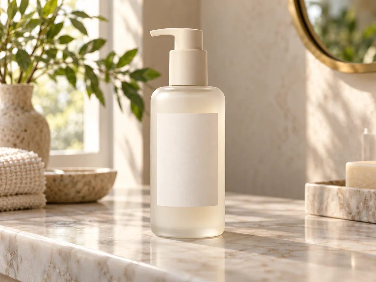 Skincare product placed into a warm lifestyle interior scene