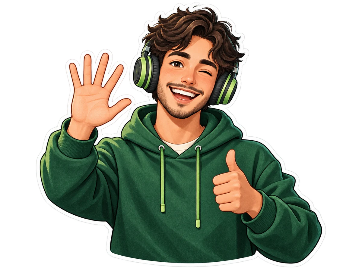 Half-body creator avatar sticker with headphones and a white outline