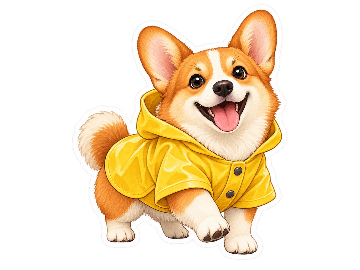 Cheerful corgi sticker illustration with a clean white outline