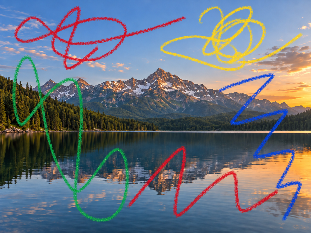 AI illustration of a landscape photograph with bright colored pen lines drawn across the sky and lake