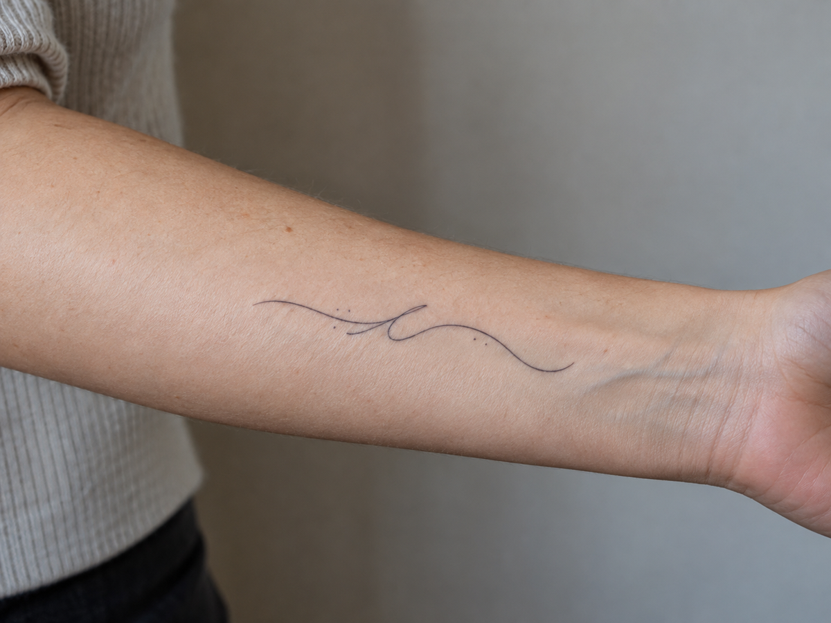 AI illustration of an inner forearm photograph before removing a thin script tattoo