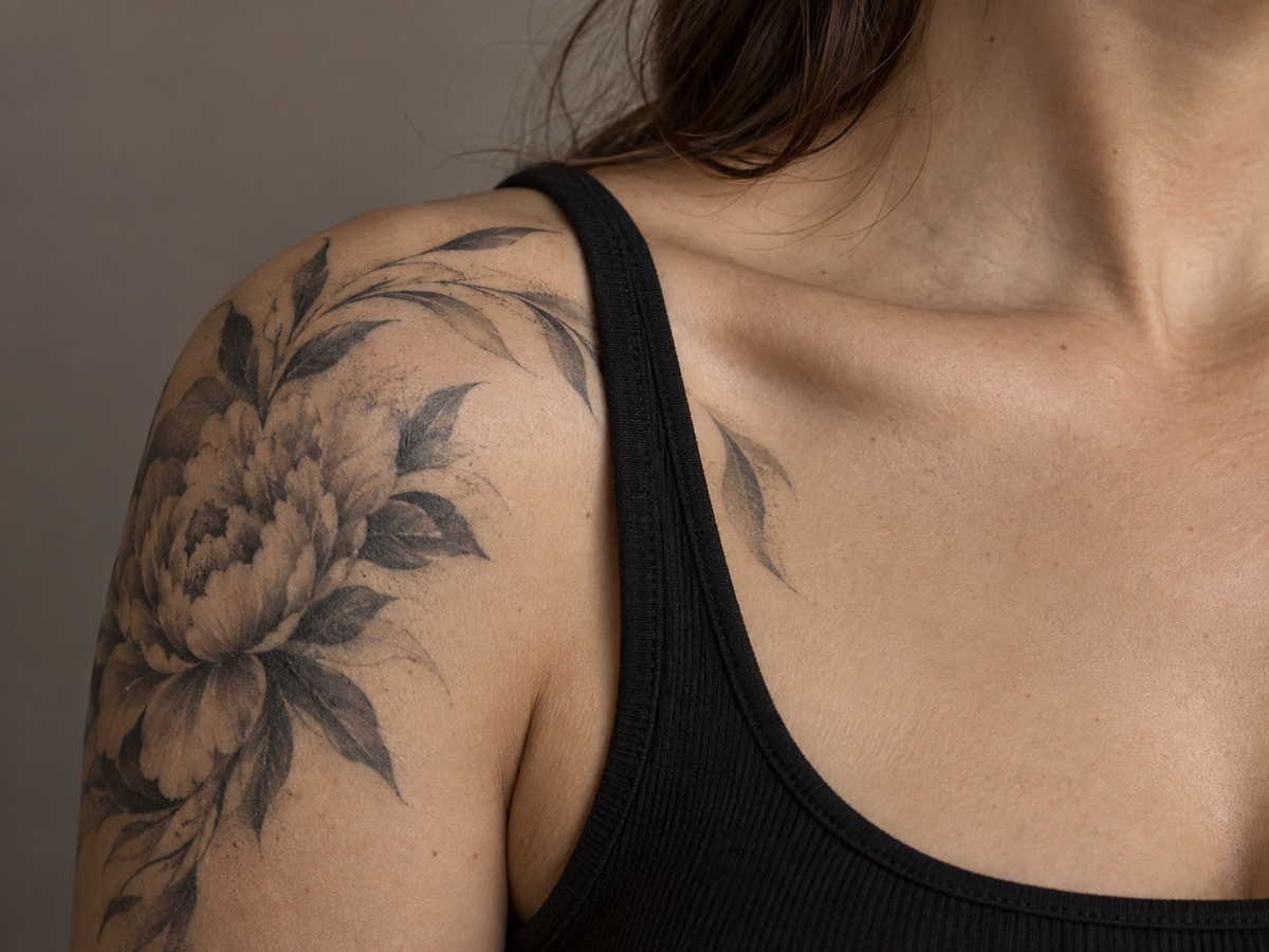 AI illustration of a shoulder photograph before removing a soft-shaded tattoo piece